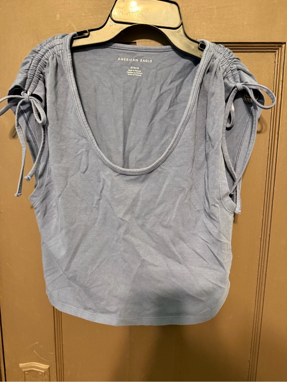 American Eagle Outfitters Dusty Blue Ruched Shoulder Scoop Neck Top